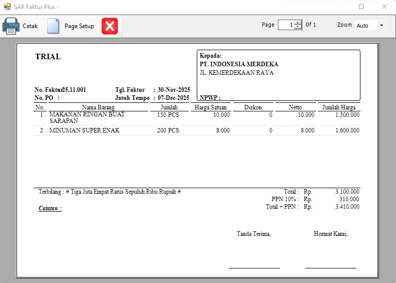 Cetak Faktur dengan kolom diskon